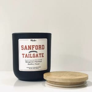 10oz Sanford Tailgate candle by 95indies, featuring soy and coconut wax, handpoured in Evans, Georgia, for spirited game day, tailgating vibes, elegant nights, and unique gifting.