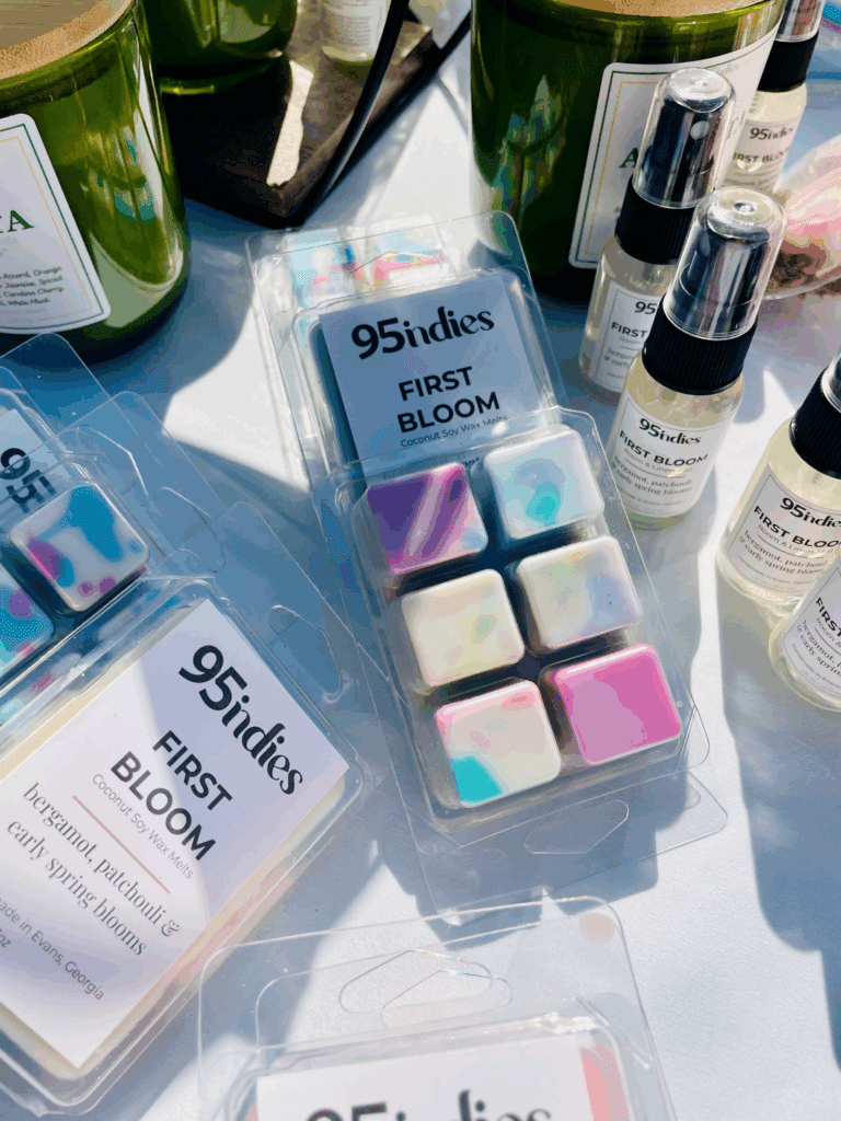 First Bloom wax melts by 95indies, photographed in spring sunlight with soft floral tones