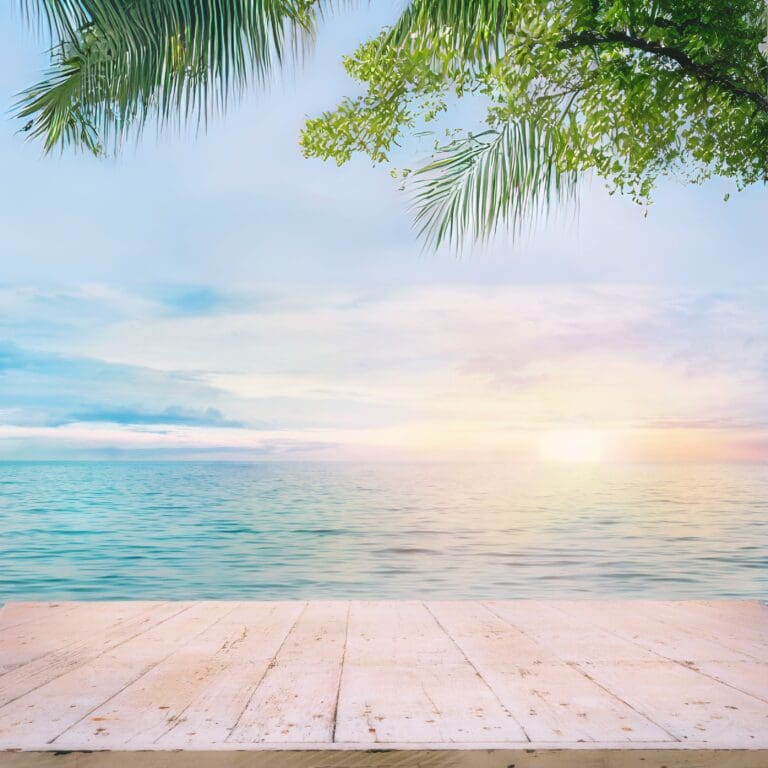 Ocean view with sunrise and palm leaves above a coastal wooden deck