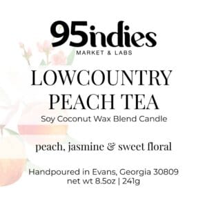 Label for Lowcountry Peach Tea candle from 95indies, featuring peach, jasmine, and sweet floral scent notes with soy coconut wax blend.
