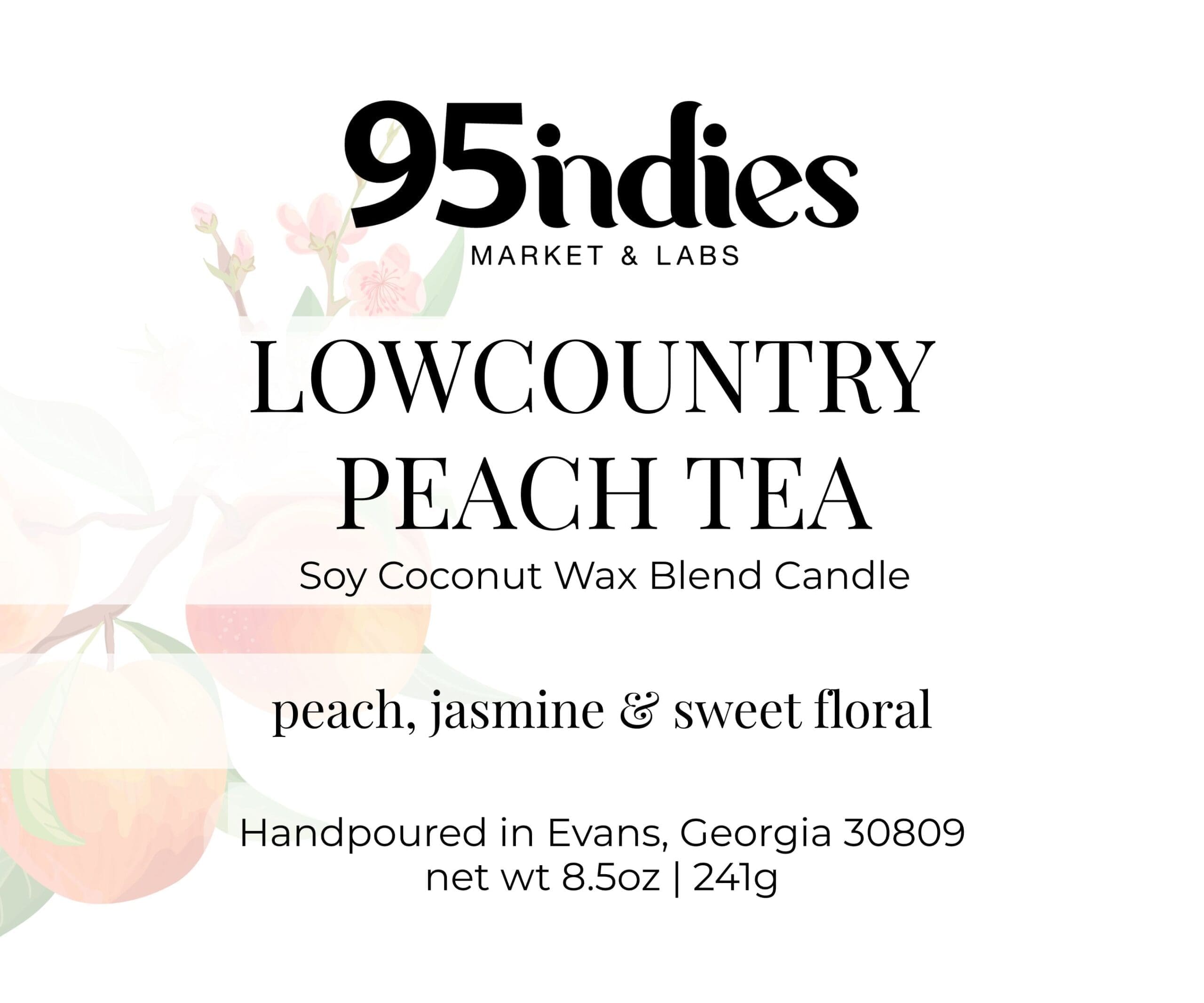 Lowcountry Peach Tea – a hand-poured soy coconut candle with notes of peach, jasmine, and airy florals. Label for Lowcountry Peach Tea candle from 95indies, featuring peach, jasmine, and sweet floral scent notes with soy coconut wax blend.