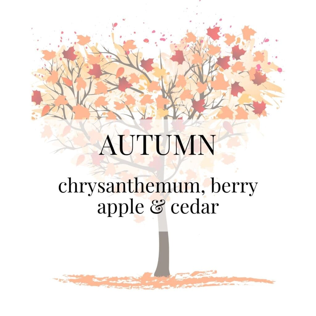 A watercolor illustration of a stylized autumn tree with orange and red leaves. The text "AUTUMN" is overlaid on the tree, with a list of scent notes below it.
