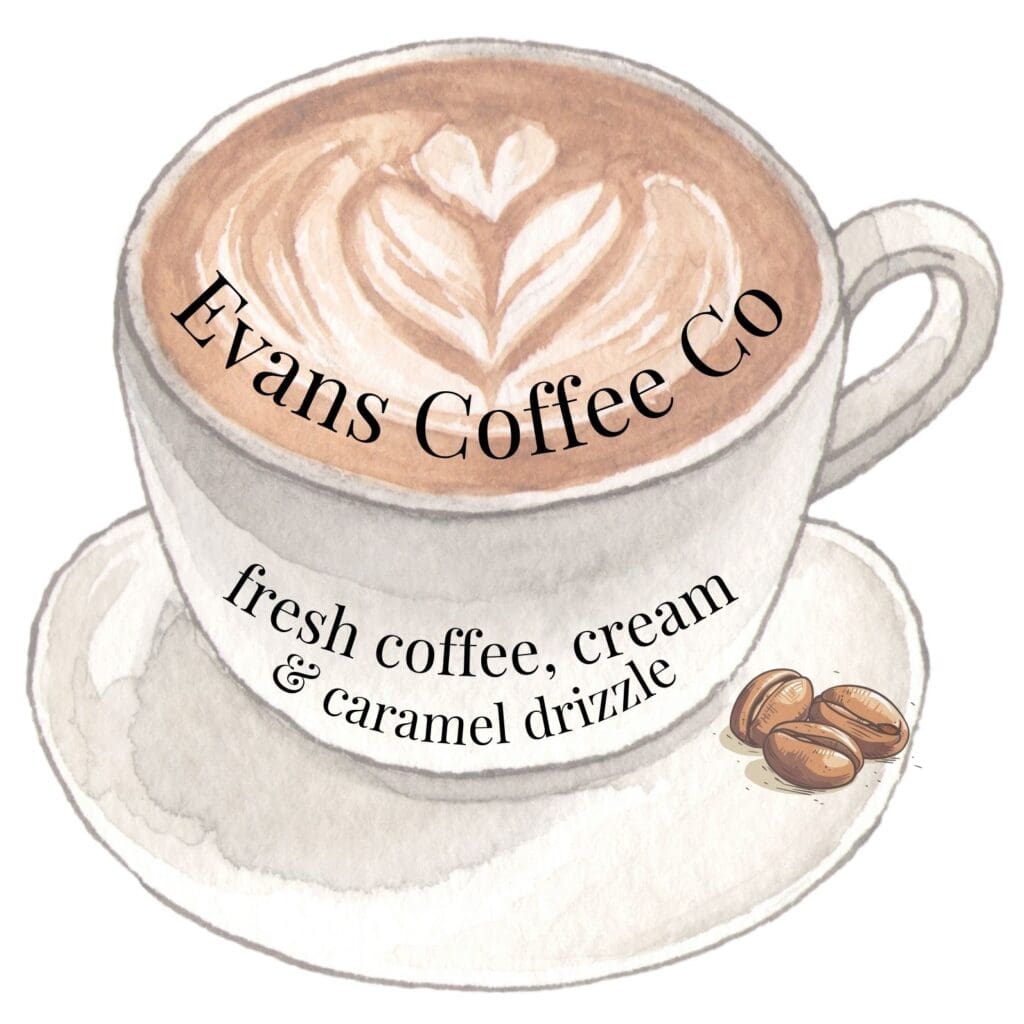 A watercolor illustration of a coffee cup with a heart in the foam. The text "Evans Coffee Co" is written above the cup, and the scent notes are listed below it.
