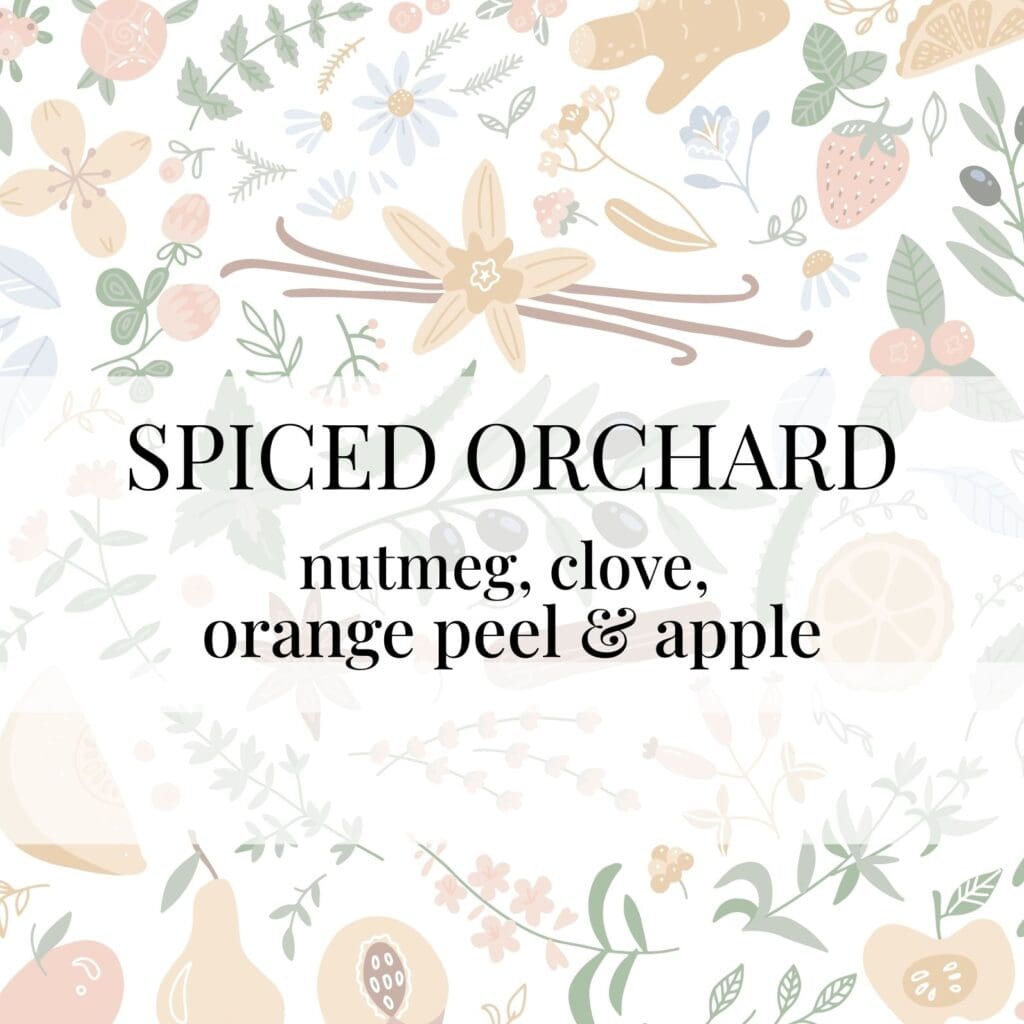 An illustrated label for a "Spiced Orchard" candle with scent notes of nutmeg, clove, orange peel, and apple. The background features a soft, hand-drawn pattern of fruits and botanicals.