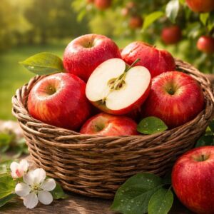 Basket of fresh red apples with one sliced open, sitting outdoors in a sunlit orchard with green leaves and blossoms.