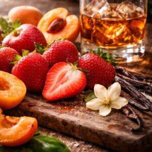 Fresh strawberries, stone fruits, vanilla bean, and bourbon on rustic wood surface
