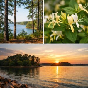 Sunset over Clarks Hill Lake with pine forest shoreline and blooming honeysuckle