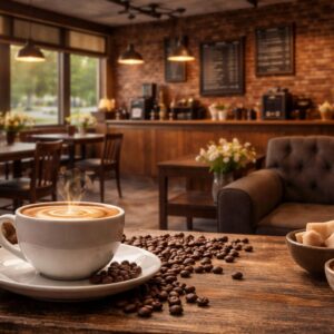 Cozy small-town coffee shop with brick walls, wooden tables, pendant lighting, and a fresh cup of coffee with flowers on the table.