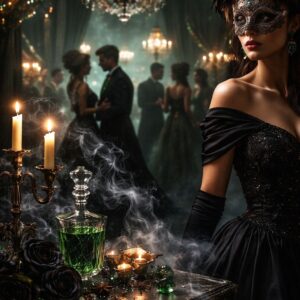 Elegant masked woman in a black gown at a candlelit ballroom with green glass perfume, smoke, and chandeliers.