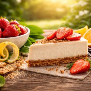 Thin slice of strawberry cheesecake with fresh strawberries, citrus peel, and vanilla on a rustic wooden table in soft natural light.