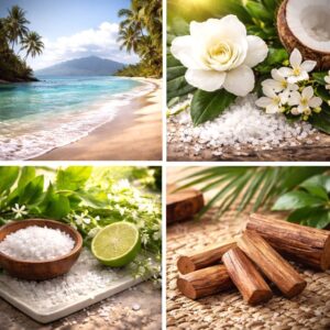 Gardenia jasmine sea salt sandalwood and green florals fragrance collage inspired by Hawaii