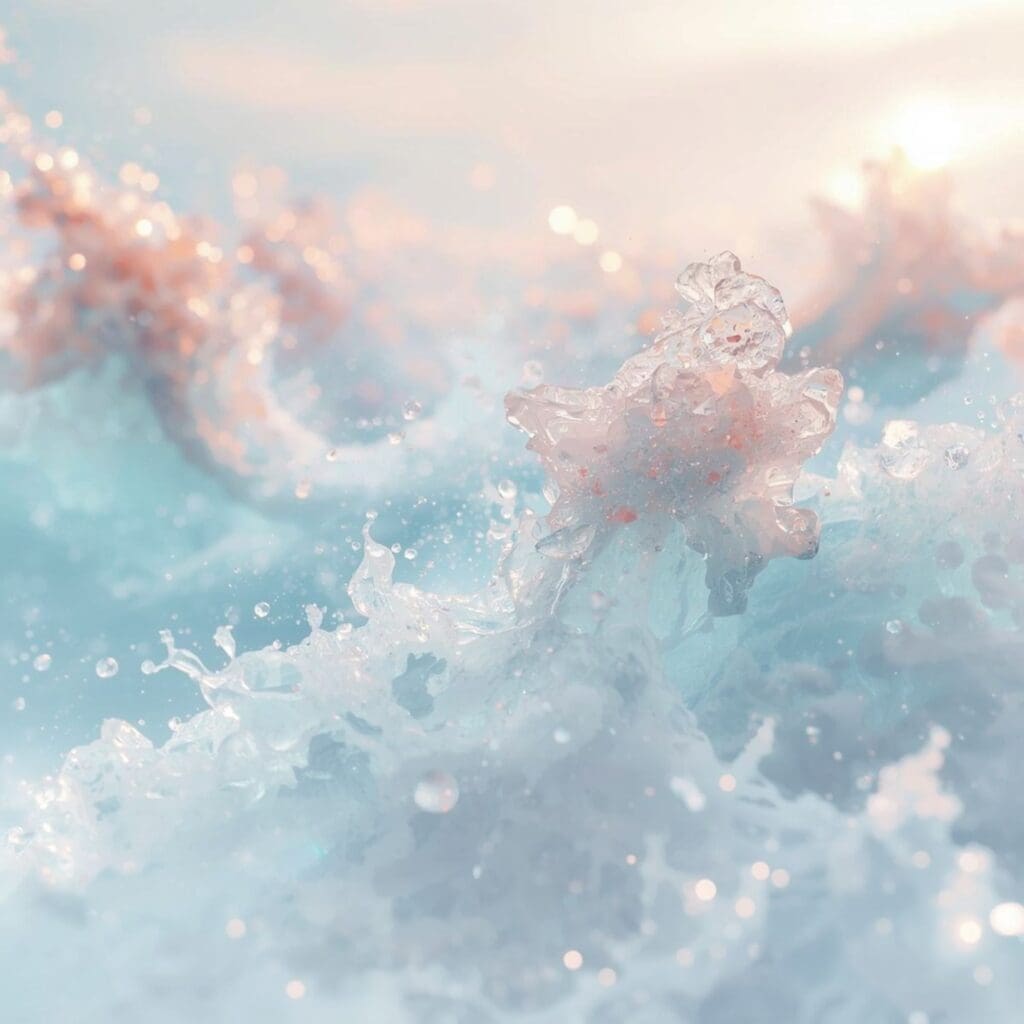 Sunlit ocean wave crest with soft water droplets and airy sea spray in motion