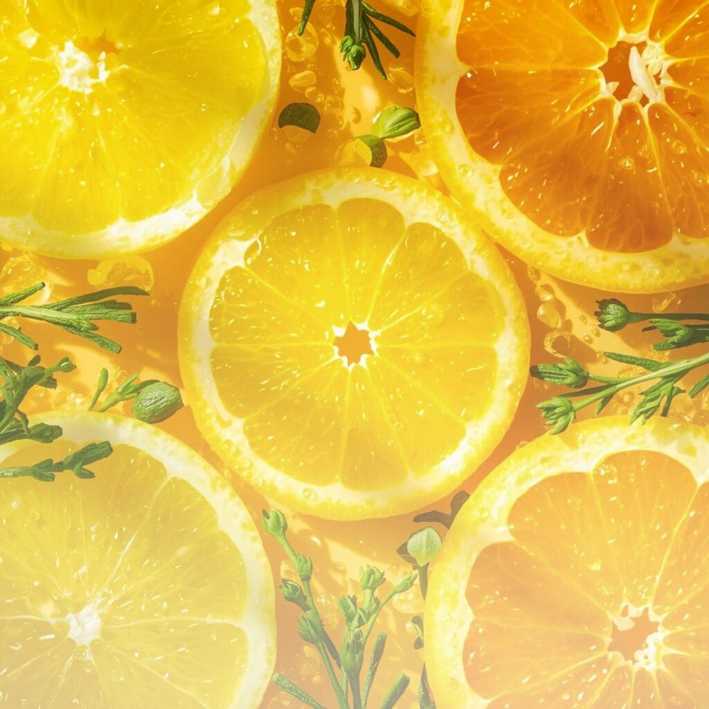 Sliced lemon and orange with fresh green herbs and juice droplets in warm sunlight