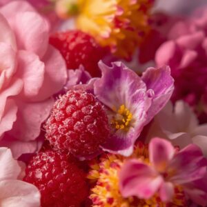 Raspberry sugar crystals pink florals sweet fragrance collage