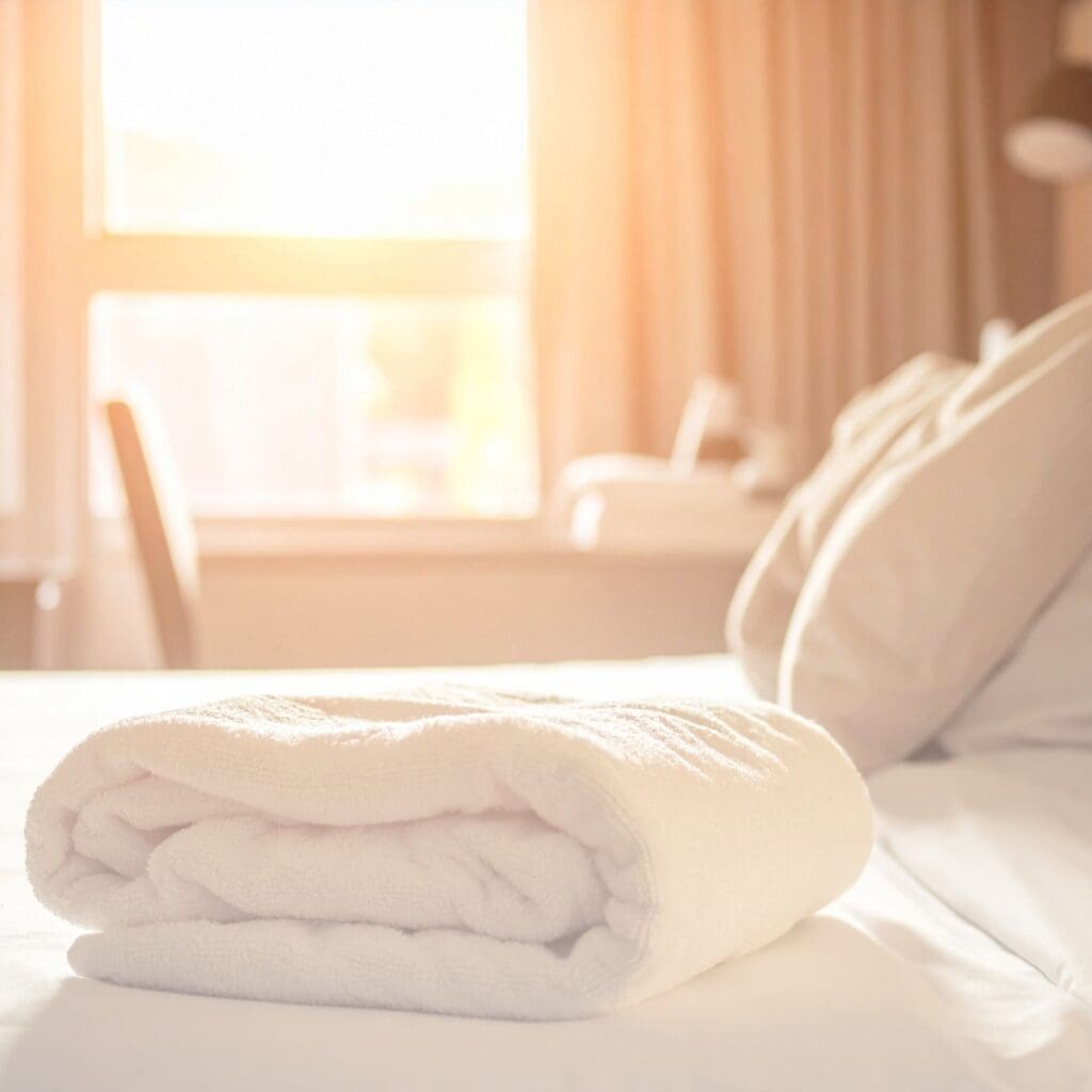 Folded white towel on a bed with warm sunlight streaming through a window