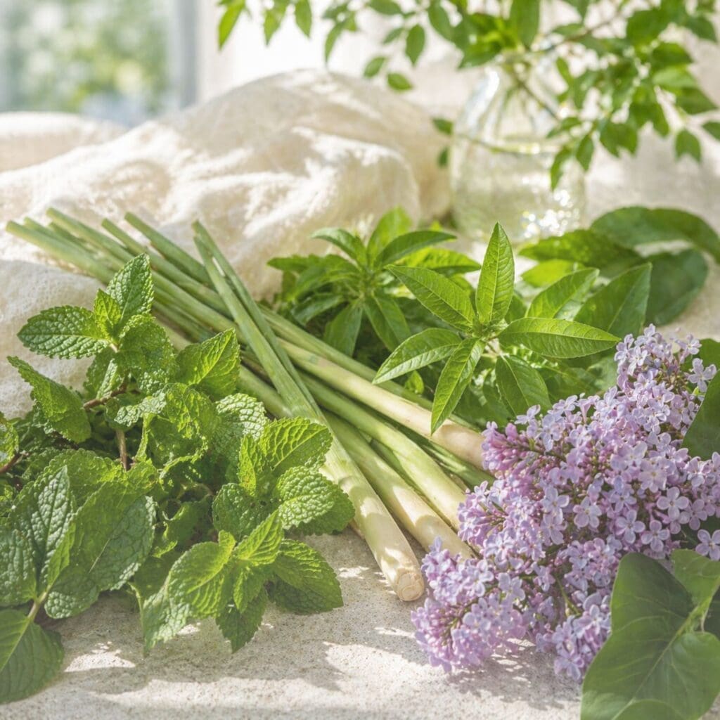 Fresh mint, lemongrass, and soft purple florals arranged on a light surface near a window