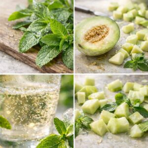 Fresh honeydew melon and mint leaves with sparkling effervescence on a natural kitchen surface