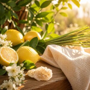 Fresh lemons with green leaves and white blossoms in warm sunlight with lemongrass and sugar crystals on a wooden surface