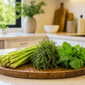 Fresh lemongrass and thyme with water droplets on a wooden tray in a bright modern farmhouse kitchen