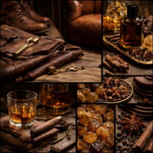 Ultrarealistic collage of worn leather, amber resin, whiskey, and warm spices including cinnamon and star anise in a rich, moody setting
