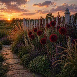 White garden fence at sunset with deep red dahlias, soft muguet flowers, and warm amber evening light