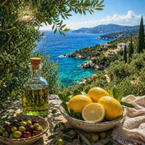 Sunlit Aegean coastal scene with olive branches, fresh citron with dew, green-tinged olive oil, and turquoise to deep blue sea