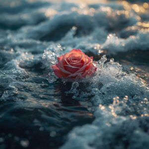 Rose floating in ocean waves with sea foam and soft golden light, representing a fresh aquatic floral fragrance