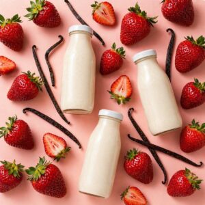Fresh strawberries and vanilla beans arranged around small glass bottles filled with a smooth vanilla cream blend on a soft blush background