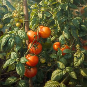 Ripening red tomatoes hanging on the vine surrounded by basil leaves and garden foliage in warm summer sunlight