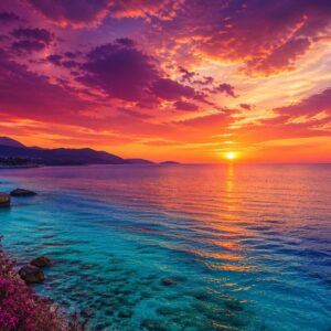 Plum, orange, and cream sunset over turquoise to cobalt blue ocean with soft clouds and glowing horizon