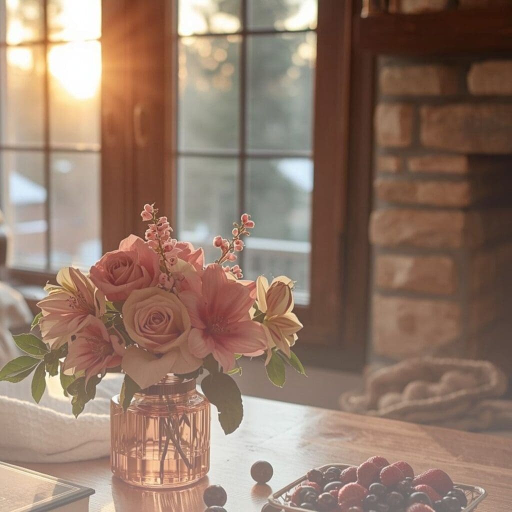 Soft pink florals and berries on a wooden table with warm sunlight near a window and fireplace