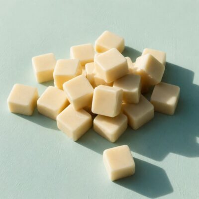 Cream-colored soy wax melt cubes arranged on a muted seafoam surface in soft natural sunlight