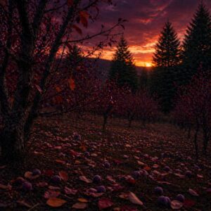 Dark winter orchard at sunset with scattered plums and fallen leaves across the ground, framed by bare trees and full evergreens