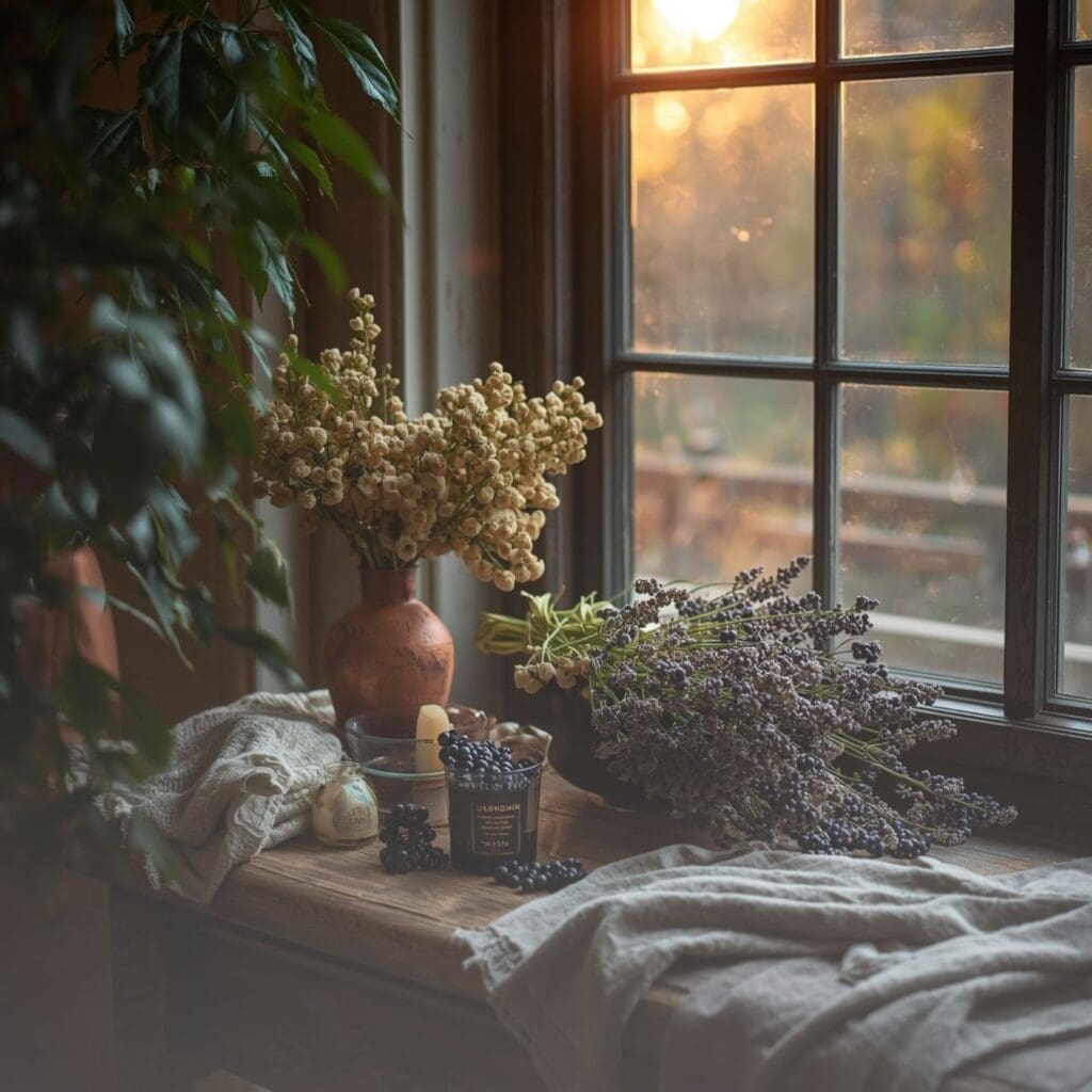 Dried florals, greenery, and natural elements arranged on a wooden table near a window with soft light