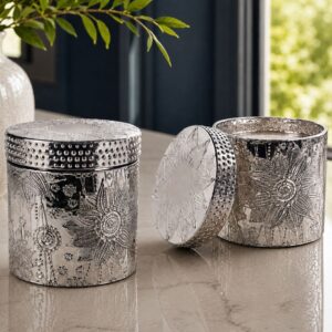 Silver lotus wickless candle in hammered electroplated glass vessel with decorative floral lid by 95indies