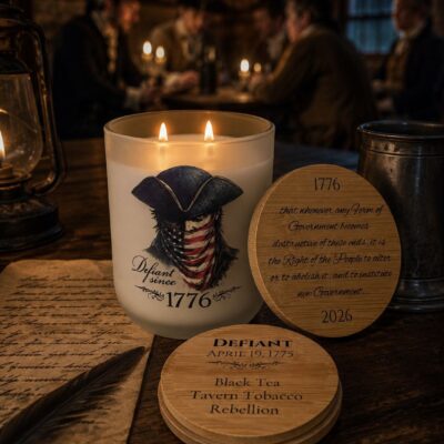 Defiant America 250 commemorative candle by 95indies displayed in a colonial tavern setting with engraved bamboo lid, black tea, tavern tobacco, and rebellion fragrance notes.