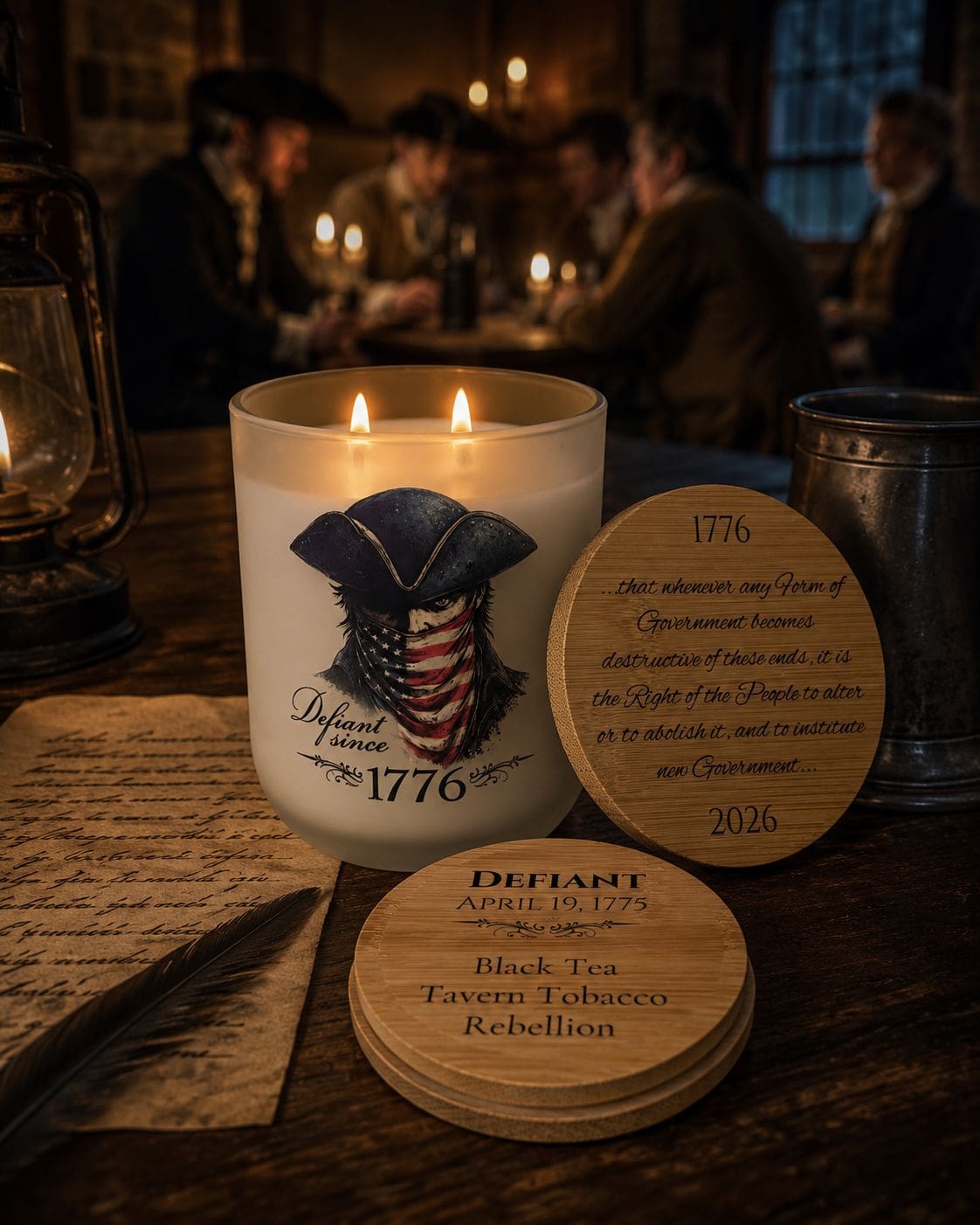 Defiant honors the spirit of resistance that ignited the American Revolution. Inspired by whispered conversations in colonial taverns, this limited-edition America 250 candle blends notes of Black Tea, Tavern Tobacco, and Rebellion. Defiant America 250 commemorative candle by 95indies displayed in a colonial tavern setting with engraved bamboo lid, black tea, tavern tobacco, and rebellion fragrance notes.