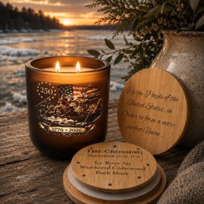 The Crossing America 250 commemorative candle by 95indies featuring an engraved bamboo lid, lit double wick, and Revolutionary War-inspired artwork overlooking an icy river at sunset.