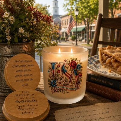 The Republic America 250 commemorative candle by 95indies displayed on a sunlit small-town American porch with engraved bamboo lids, apple pie, flowers, and patriotic décor.