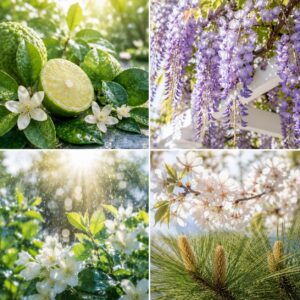 Four-panel botanical collage featuring bergamot, jasmine blossoms, cascading wisteria, sunlit spring rain, South Carolina cherry blossoms, and longleaf pine, inspired by an early spring morning in Augusta, Georgia.