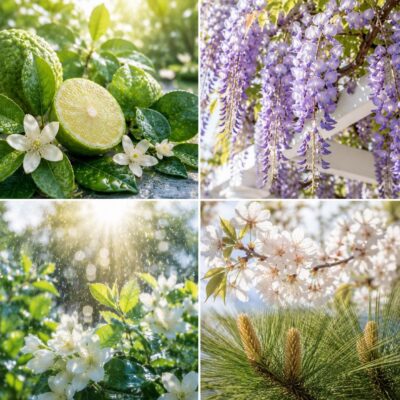 Four-panel botanical collage featuring bergamot, jasmine blossoms, cascading wisteria, sunlit spring rain, South Carolina cherry blossoms, and longleaf pine, inspired by an early spring morning in Augusta, Georgia.