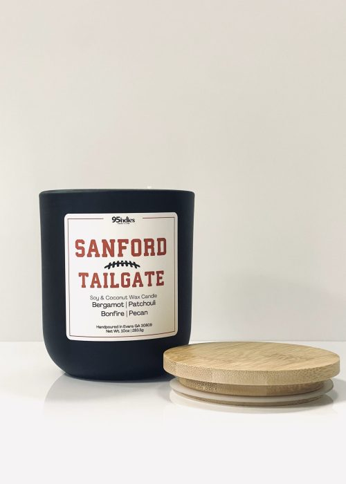10oz Sanford Tailgate candle by 95indies, featuring soy and coconut wax, handpoured in Evans, Georgia, for spirited game day, tailgating vibes, elegant nights, and unique gifting.